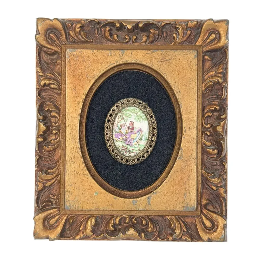 Vintage Courting Couple Miniature Portrait Plaque Ornate Frame Made in USA